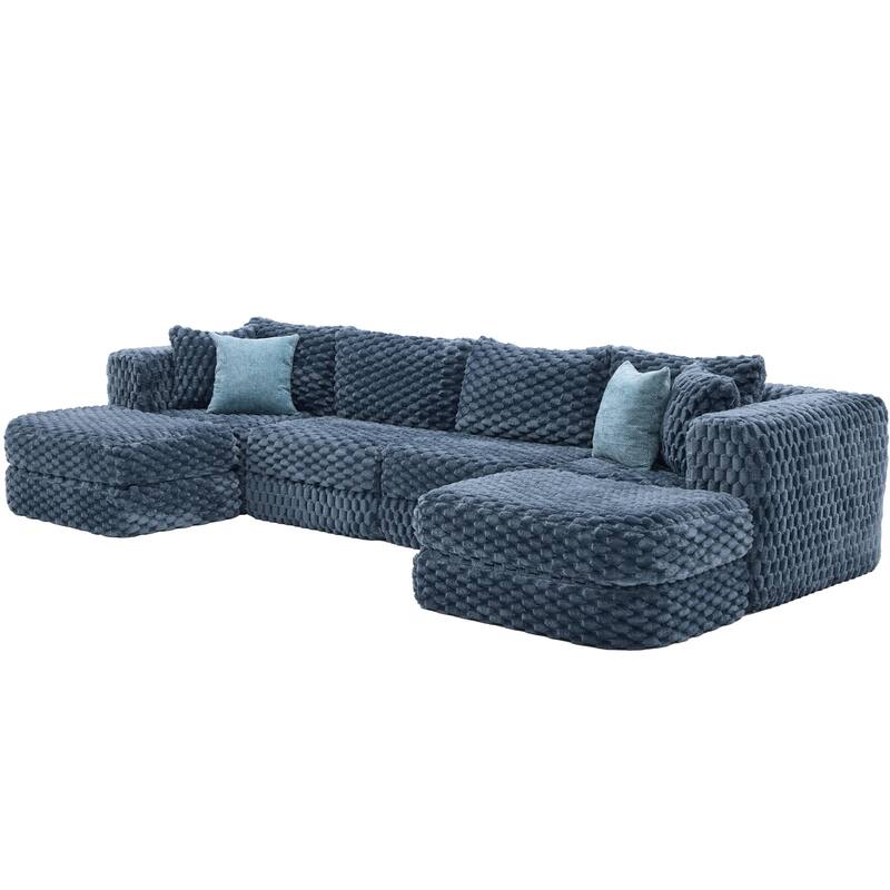 Modular Sectional Sofa with Bubble Velvet Upholstery, 2 Movable Ottomans and 4 Throw Pillows for Living Room