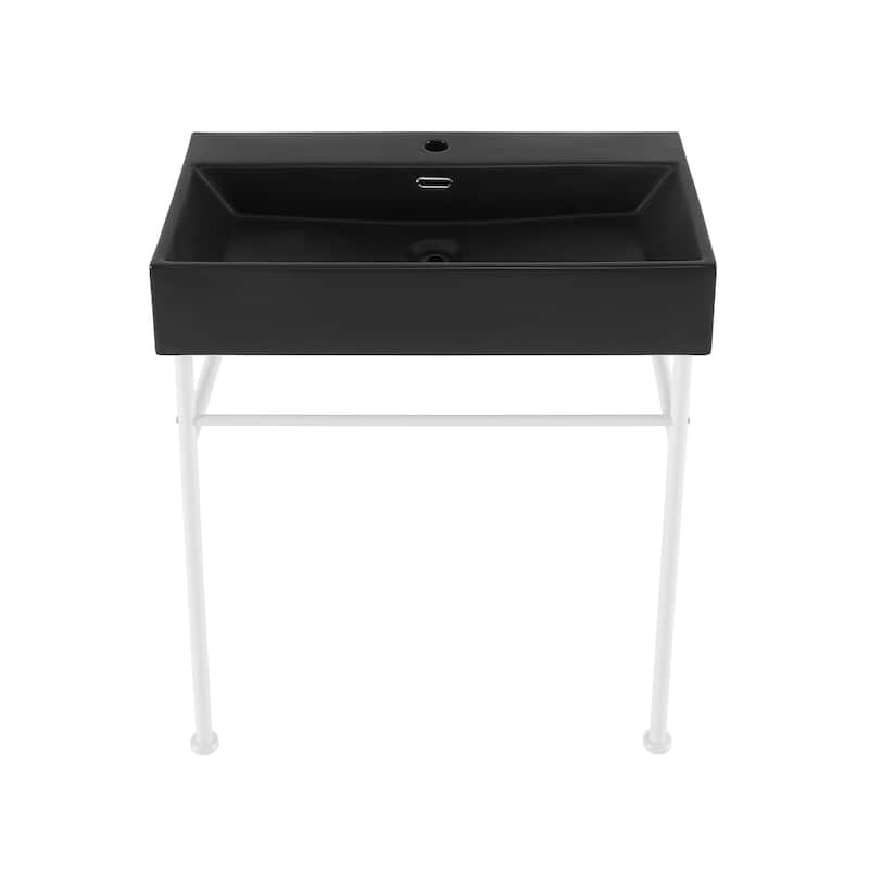 Reims 30 Ceramic Console Sink Matte Black Basin Matte White Legs - 29.75" x 16.55" 35.25"