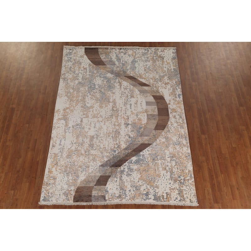Striped Beige Abstract Oriental Area Rug Handmade Wool Carpet - 6'6"x 9'1"