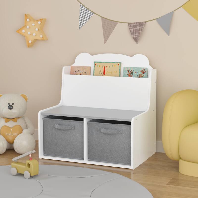 Kids Bookshelf With Storage Bins-Wooden Bookcase With Book Display Shelf And 2 Fabric Bins,Cute Bear-Shaped Backboard