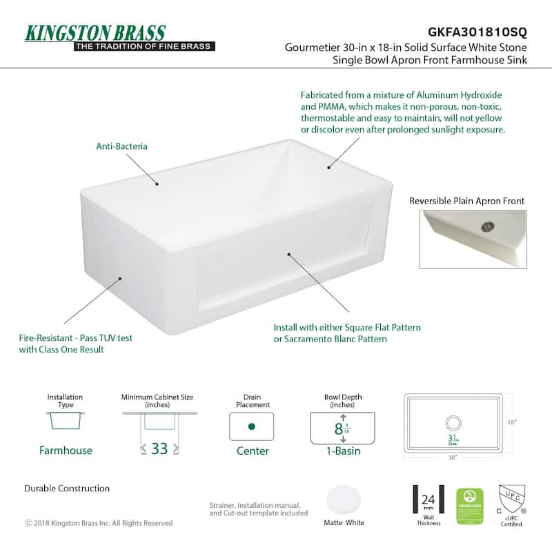Kingston Brass Arcticstone 30" Farmhouse Single Basin Stone Composite
