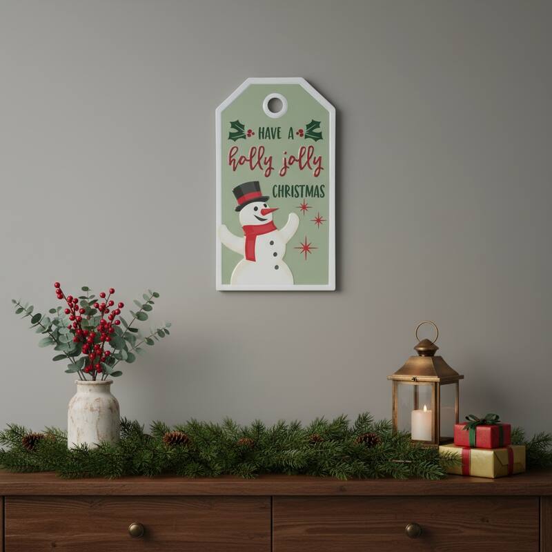 HomeRoots 16" X 9" Green And White Metal Christmas Snowman Hanging Wall Decor - Green/White - 9.25 in. x 16.25 in.  x 0.50 in.