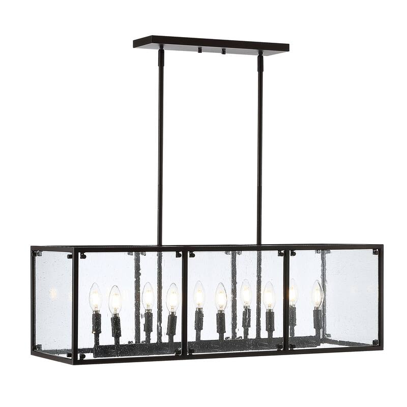 Atelier 35" Linear 10-Light Adjustable Iron/Seeded Glass Rustic Farmhouse LED Pendant, Oil Rubbed Bronze by JONATHAN Y
