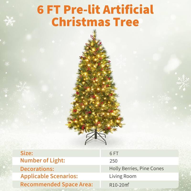 6 FT Prelit Christmas Tree with Pine Cones for Porch, Church, Office - 6FT