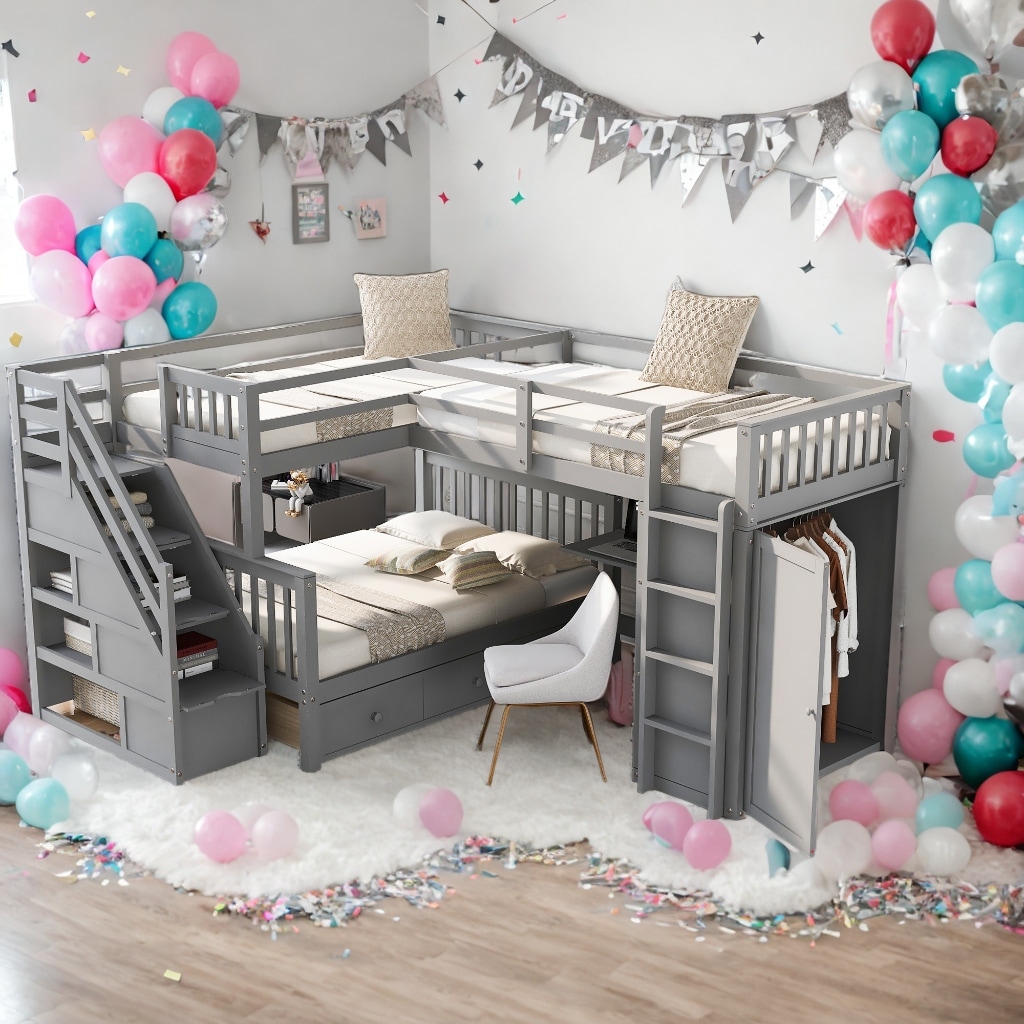 3 IN 1Twin-Twin over Full L-Shaped Bunk Bed With 3 Drawers