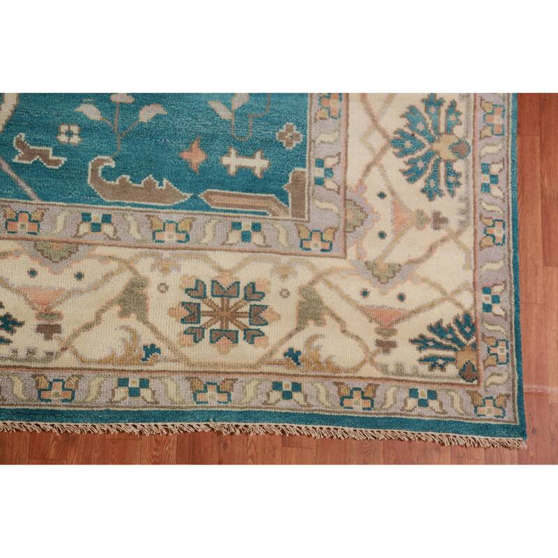 Teal Blue Oushak Indian Area Rug Hand-Knotted Wool Carpet - 9'2" x 11'11"