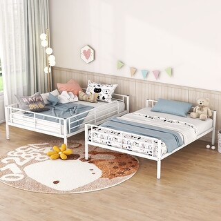 Modern Classic Design Full Over Full Metal Bunk Bed,Side Stairs and Guardrails