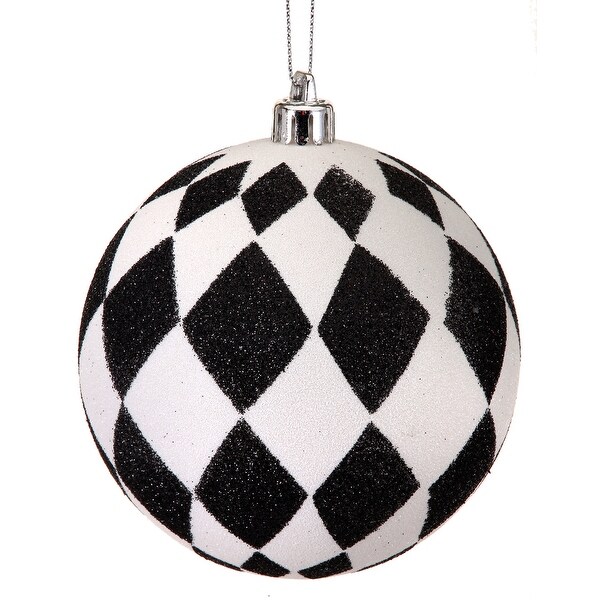 Set of 6 Black and White Glittered Harlequin Ball Ornament, 4