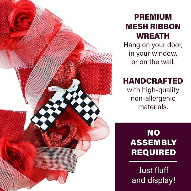Fraser Hill Farm 20-In. Valentine's Day Ribbon Wreath w/Roses, Bows, Glitter Hearts, Festive Hanging Door, Wall Decoration