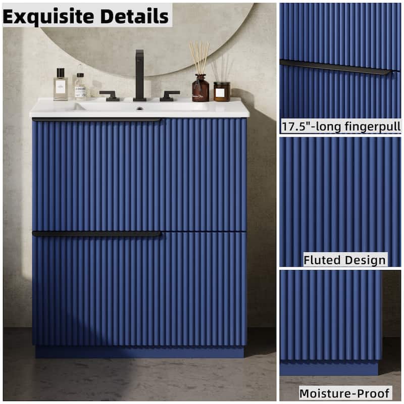 30" Bathroom Vanity with Ceramic Sink, Full-Extension Drawers, Soft Close Slides, and Fluted Design