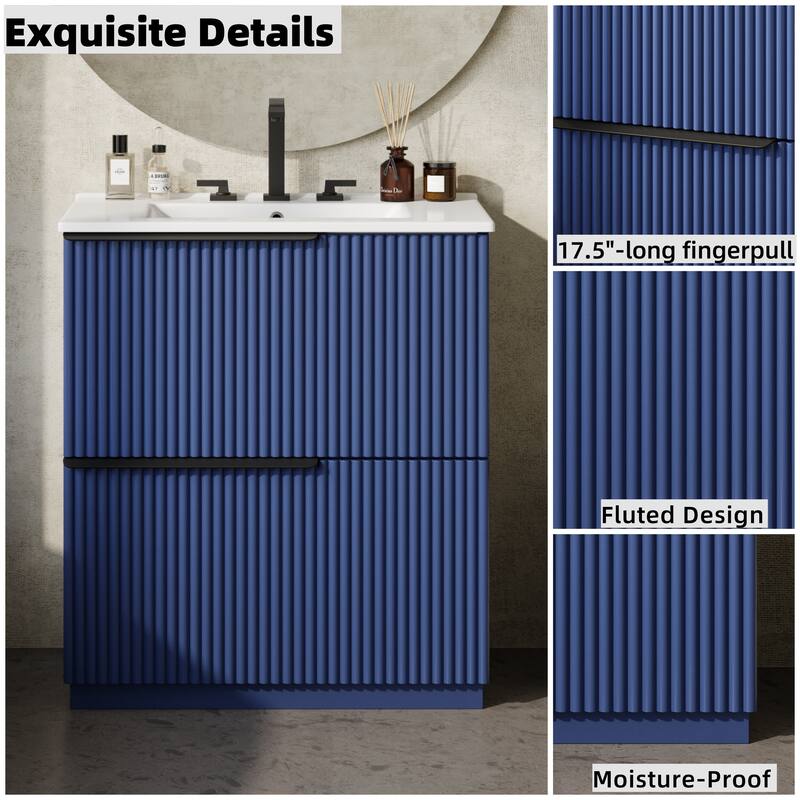 Vertical Grooves Bathroom Cabinet Storage Vanity with Ceramic Sink, Full-Extension Split Drawers and Soft Close Drawer Slides