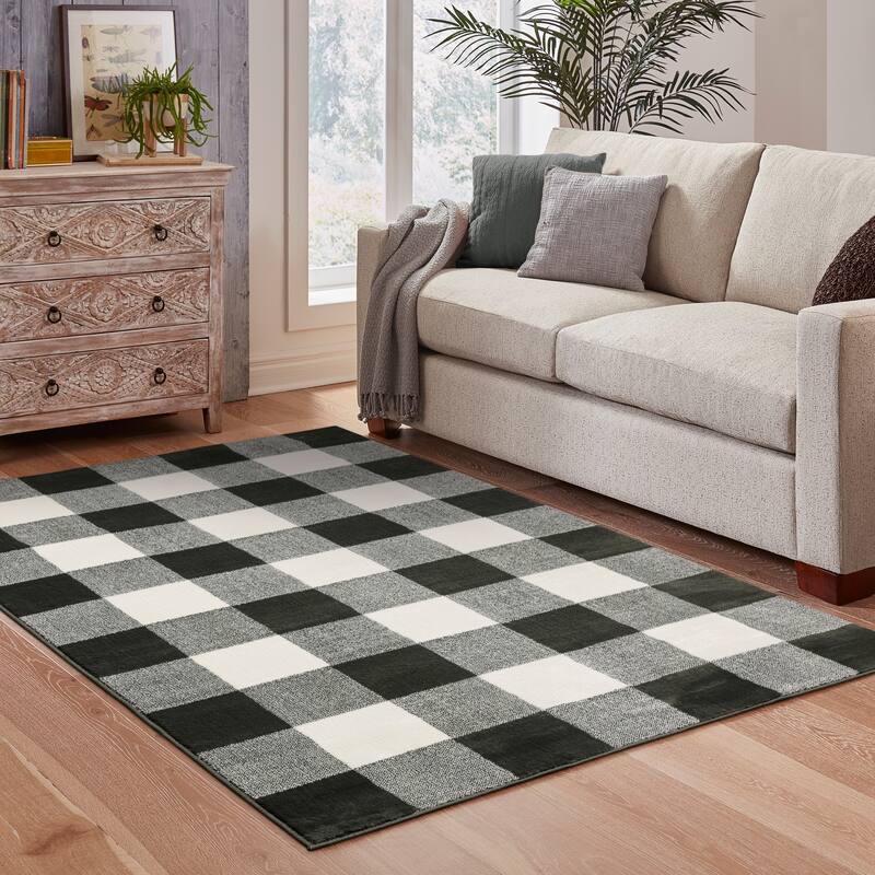 Vista Home Bellingham Gingham Plaid Dark Charcoal Grey/Off-White Rug-