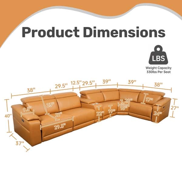 dimension image slide 1 of 2, Power Recliner 6-Piece Sectional Sofa with Storage Console