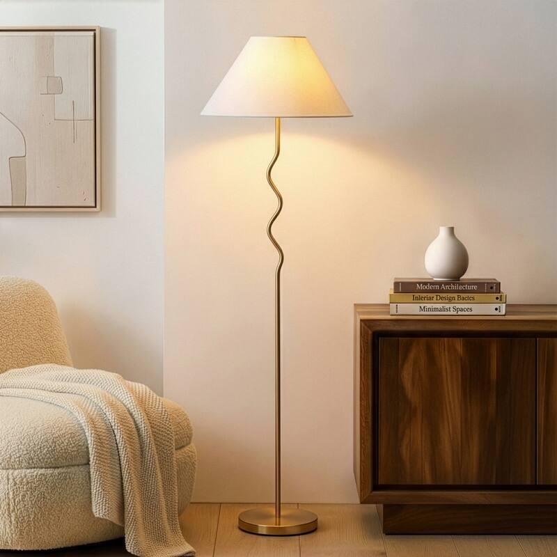 Brightech Squiggle Floor 62.13 in. Antiqued Brass Contemporary Ambient Standing Column Floor Lamp with Ivory Fabric Empire Shade