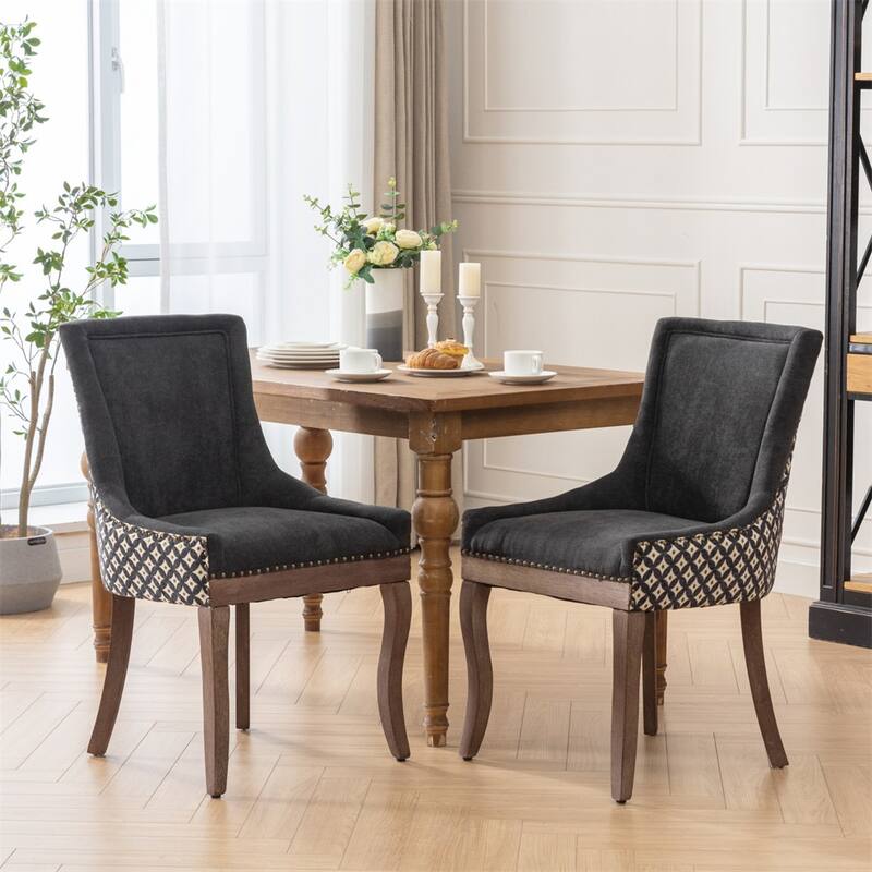 Set of 2 Patterned Upholstered Kitchen Dining Chairs with Wood Legs