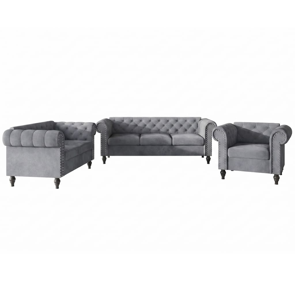 Clayfell Kelso 3-Piece Velvet Living Room Set With Rolled Arm Chair, Loveseat and Sofa, Deep Button Tufting and Turned Legs