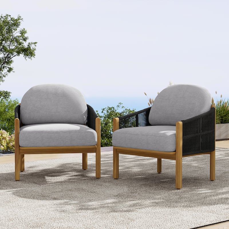 Christopher Knight Home - Ethan Outdoor Wood Club Chair with Rope and Cushion - 2-Piece - Teak Finish+Gray Cushion