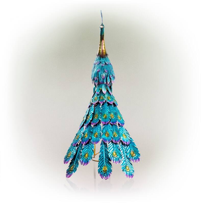 Alpine Corporation 23" Tall Outdoor Metallic Peacock Tail Spread Yard Statue Decoration, Multicolor