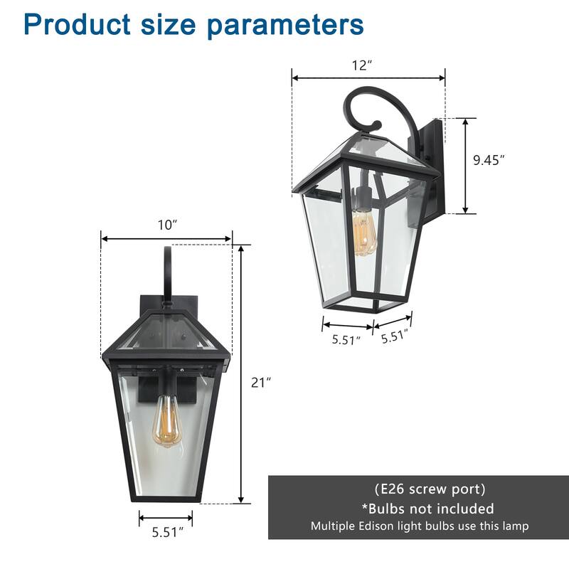 21"(H) 1-Pack Outdoor Wall Lantern Light - Modern Black Metal & Clear Glass Sconce for Porch, Patio, and Garden Lighting