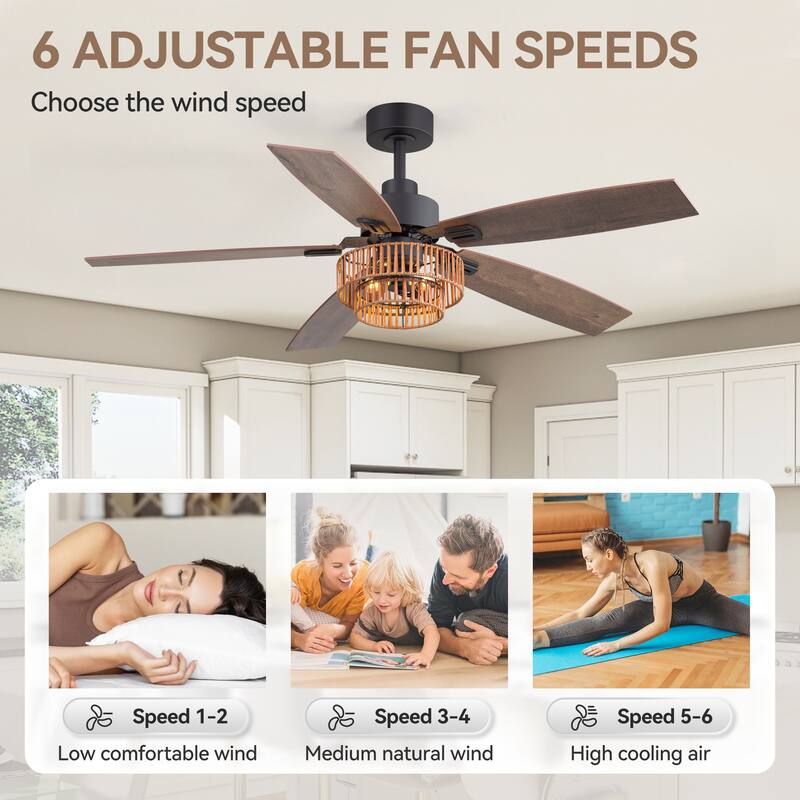 52-inch Farmhouse Ceiling Fan with Light and Remote(5 Reversible Blades）