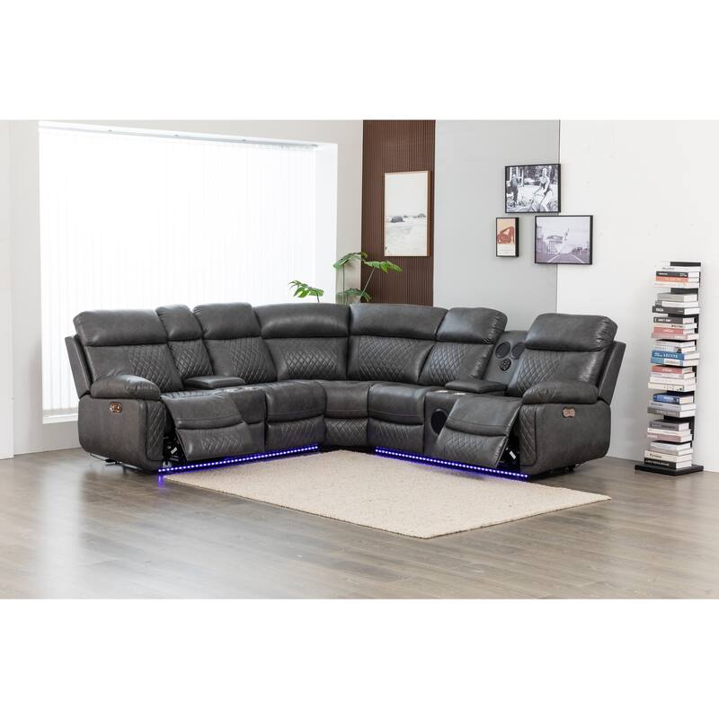 Hathrone 98.5" Wide Vegan Leather Power Reclining Sectional with LED, USB and SubWoofer Sound System