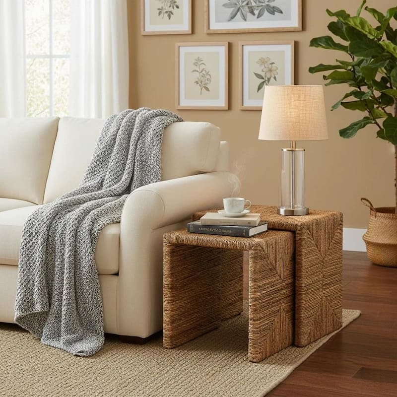 NPD Furniture Kanza Woven Abaca Rectangular Nesting Side Tables, Set of 2