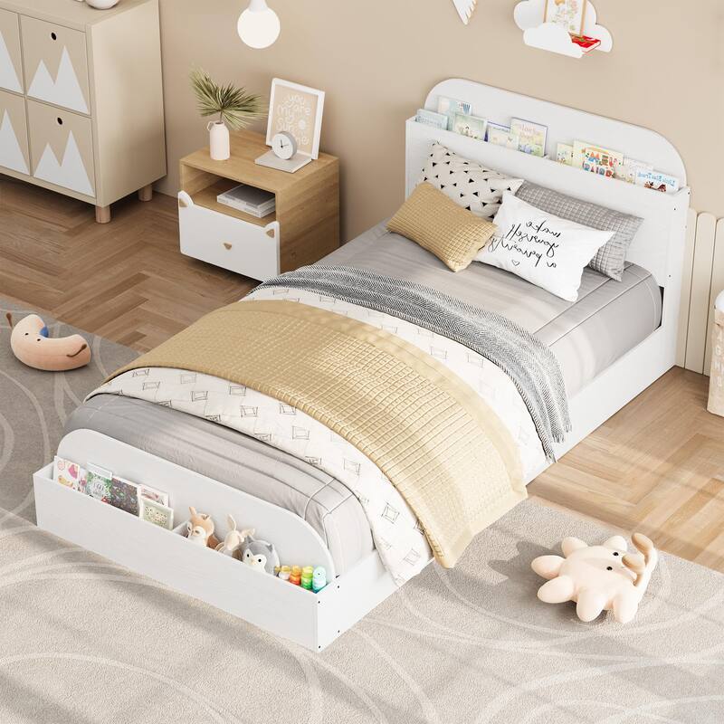 Twin Size Bed Frame, Wooden Beds with Storage Headboard and Raised-Foodboard, Floor Low Platform Bed