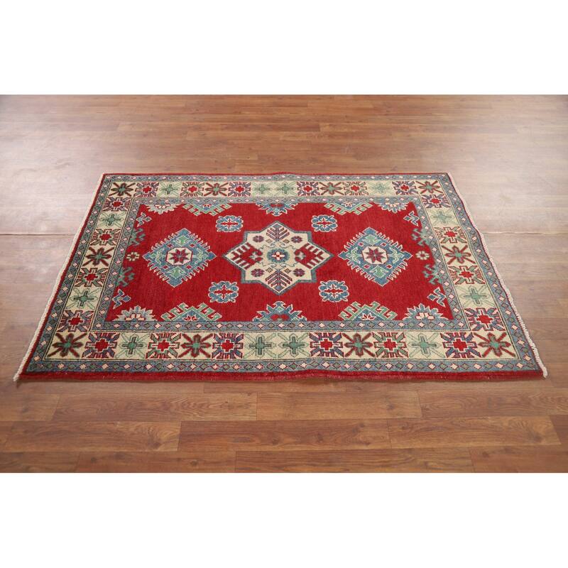 Red Kazak Oriental Accent Rug Hand-Knotted Geometric Wool Carpet - 3'4" x 4'11"