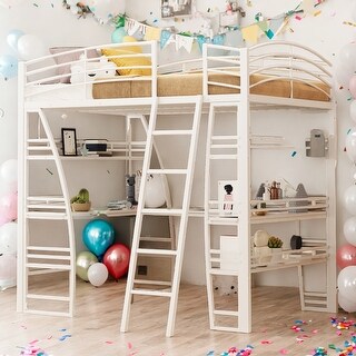 Full Size Loft Bed with 4 Layers of Shelves and L-shaped Desk, Stylish Metal Frame Bed with a set of SocketsUSB Ports,white
