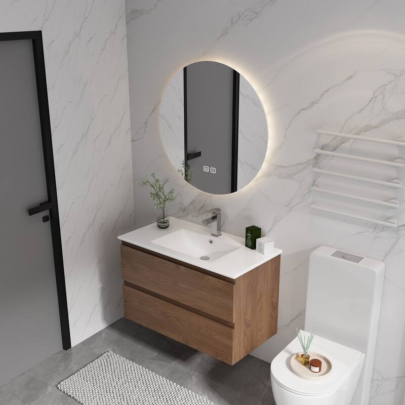 24" Floating Bathroom Vanity with Ceramic Basin, 2 Soft-Close Drawers, Eco-Friendly Plywood Construction