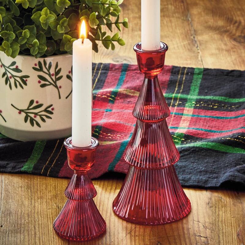 Large Red Glass Ribbed Taper Candle Holder - Christmas Decor, 3.5" x 3.5" x 7.5" - Perfect for Taper Candles