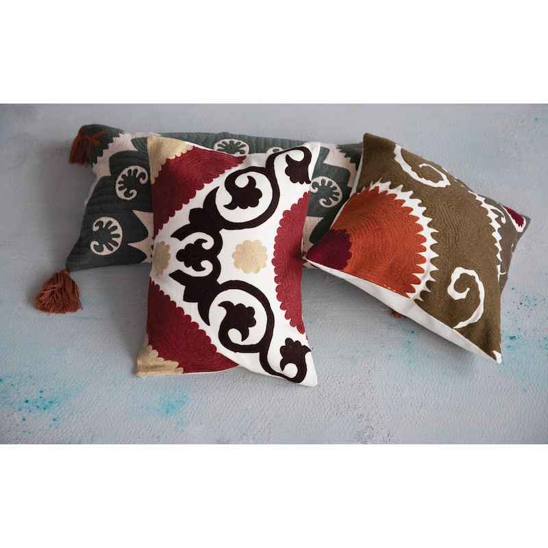Cotton Embroidered Lumbar Pillow with Suzani Embroidery