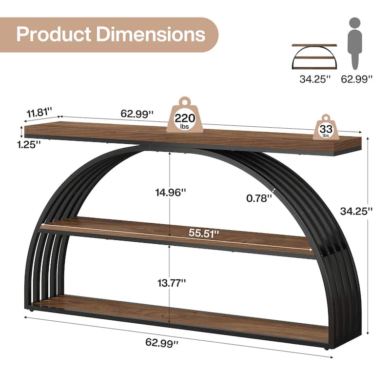 63 Inch Console Table, 3-Tier Entryway Table with Arched Metal Frame