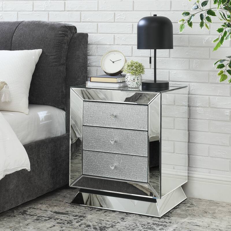 Modern 3-Drawers Nightstand with Mirrored Panel - Silver