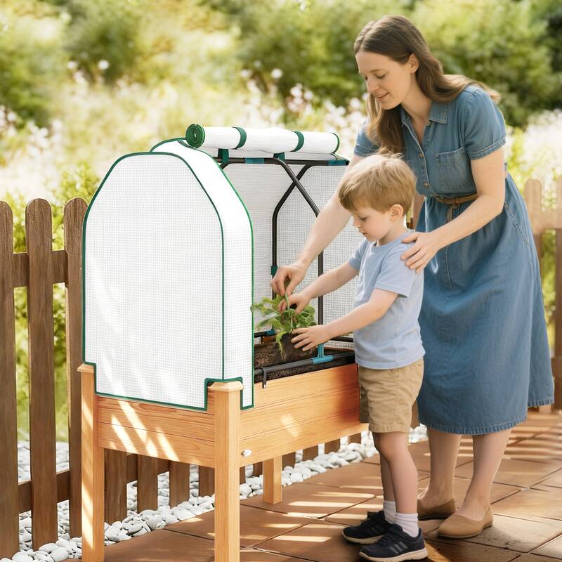 Outsunny Raised Garden Bed with PE Greenhouse Cover Outdoor Elevated Wood Planter Box , 35 x 22 x 47 inch