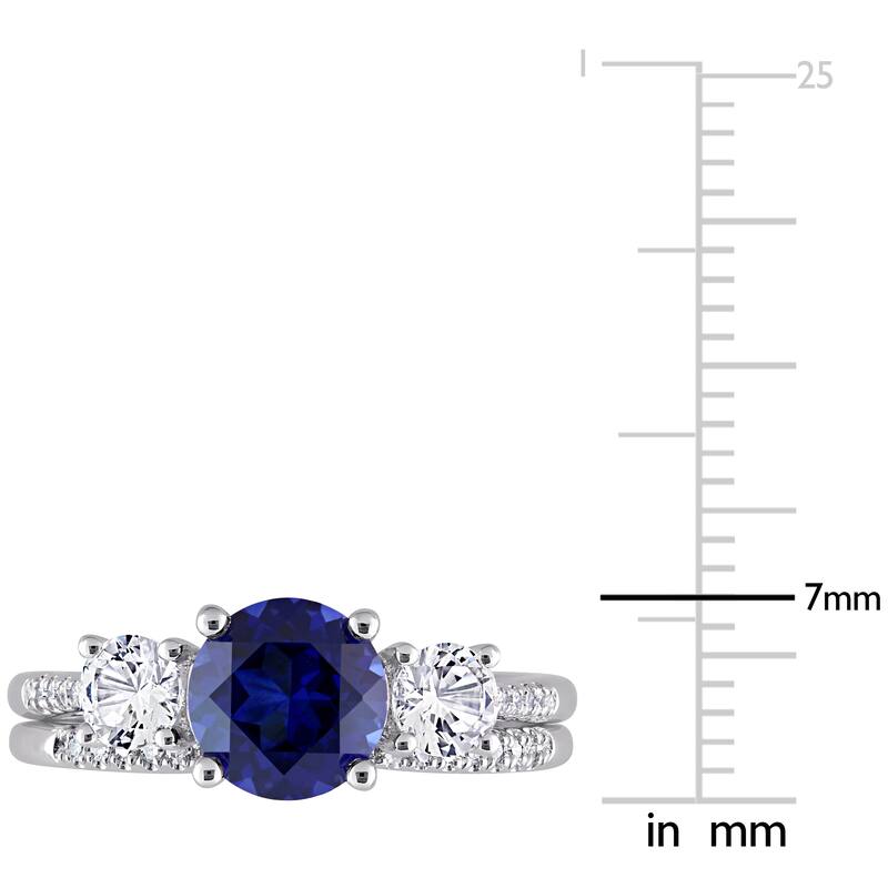 Miadora 10k White Gold Created Blue White Sapphire & 1/10ct TDW Diamond 3-Stone Bridal Ring Set
