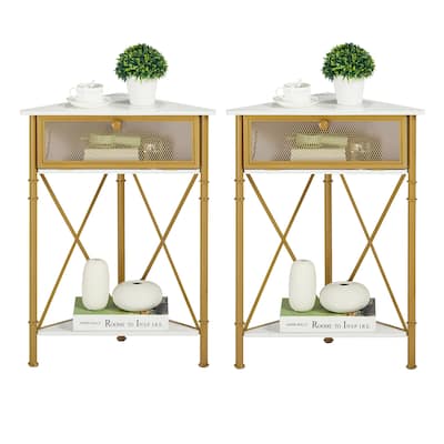 Javlergo Set of 2 Corner Table with Drawer and Open Dtorage Space, Triangle Freestanding Floor Cabinet