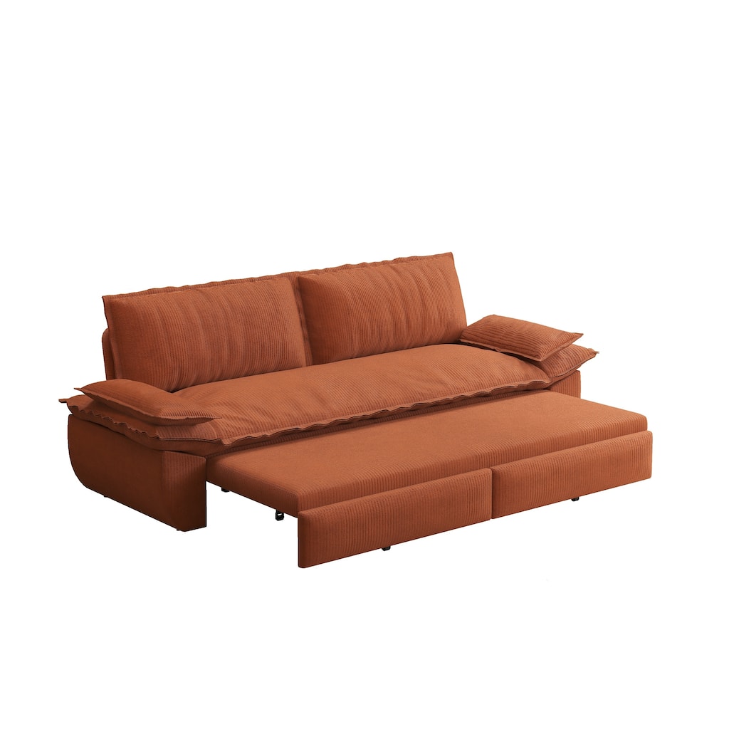 FurnitureR 73.2'' Queen Pull-Out Sleeper Sofa, 3-in-1 Corduroy Loveseat Bed with Removable Covers, Orange