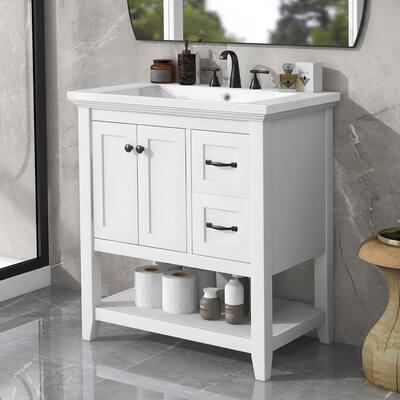 30" Bathroom Vanity with/without Ceramic Sink Top, Vanity Cabinet with Multi-Functional Drawer, Solid Wood Legs