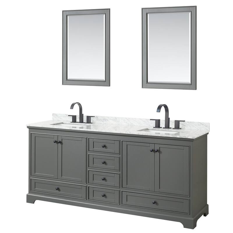 Wyndham Collection Deborah 80" Free Standing Double Vanity Set with - Dark Gray / White Carrara Marble Top / Matte Black - Steel Finish