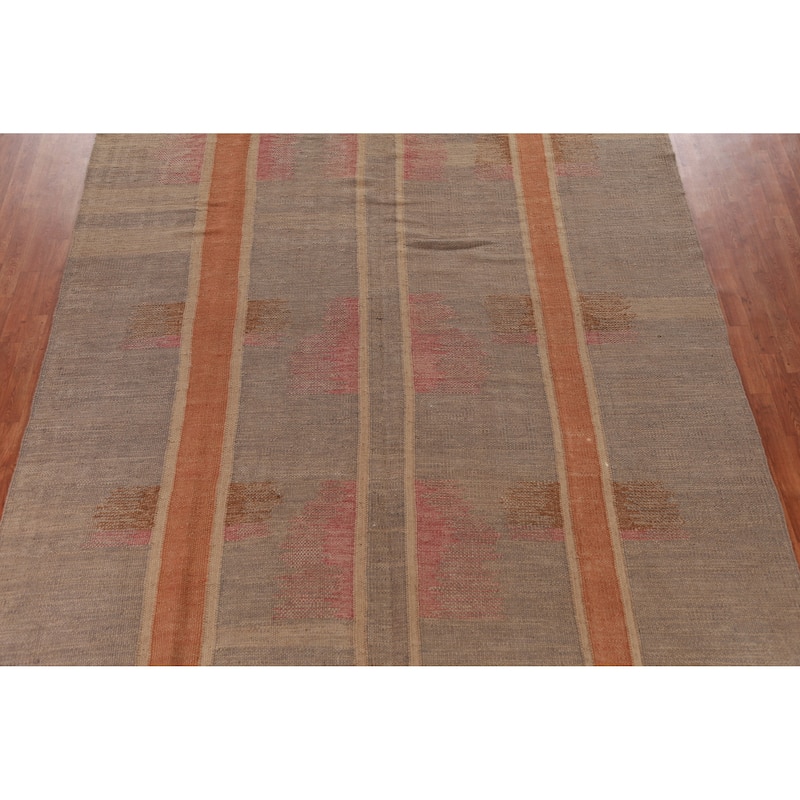 Hand Woven Oriental 100% Jute Carpet Modern Stripe Brown Kilim Area Rug - 11' 7'' X 9' 2''