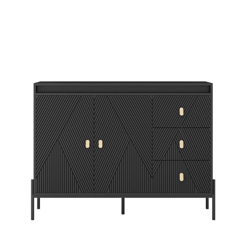 Fluted Sideboard Cabinet with LED Lights, 2 Doors & 3 Drawers, Black Buffet/Sideboard - 3 Doors + 3 Drawers