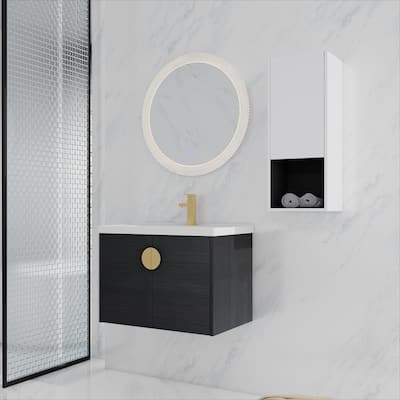 28" Floating Bathroom Vanity with Ceramic Sink, Soft-Close Doors, Wall-Mounted Side Cabinet, Black Chestnut