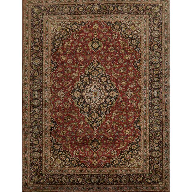 Hand Knotted Oriental 100% Wool Carpet Traditional Floral Red Mashad Area Rug - 12' 10'' X 9' 10''