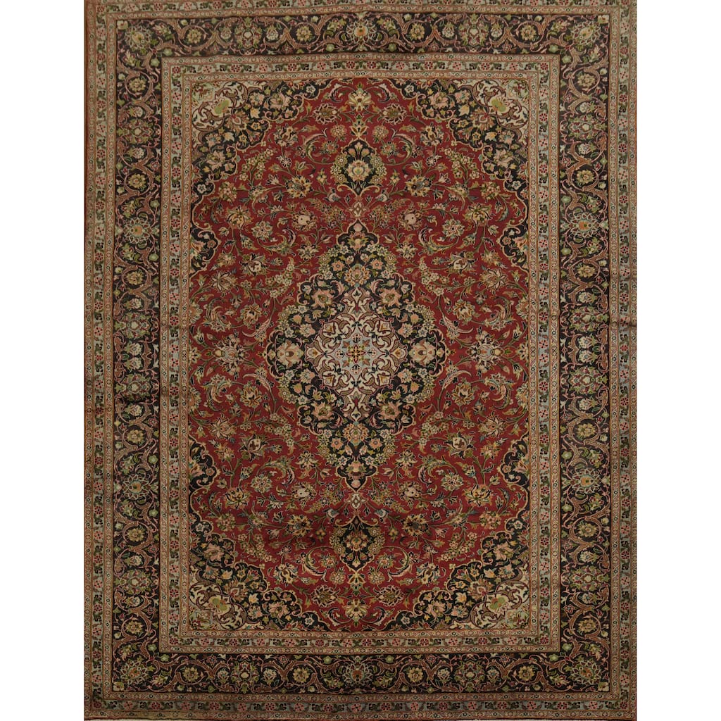 Hand Knotted Oriental 100% Wool Carpet Traditional Floral Red Mashad Area Rug - 12' 10'' X 9' 10''