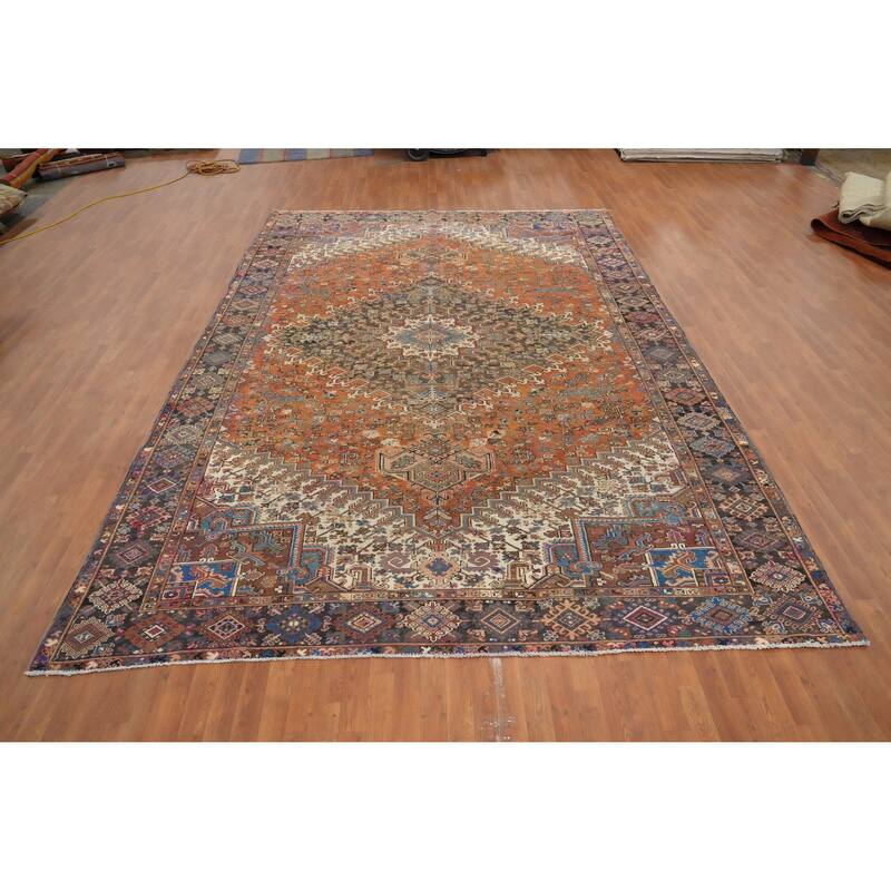 Hand Knotted Oriental 100% Wool Carpet Traditional Medallion Oranges & Rust Heriz Area Rug - 13' 7'' X 9' 4''