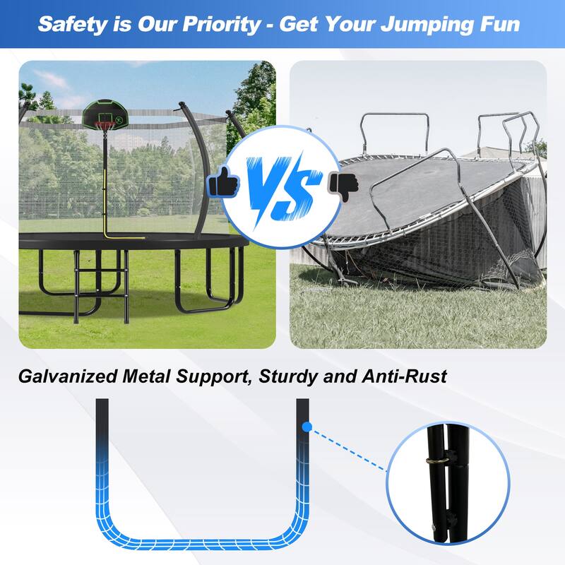 12FT Trampoline with Basketball Hoop for Kids and Adults, Round Outdoor Trampoline with Enclosure Net & Curved Poles