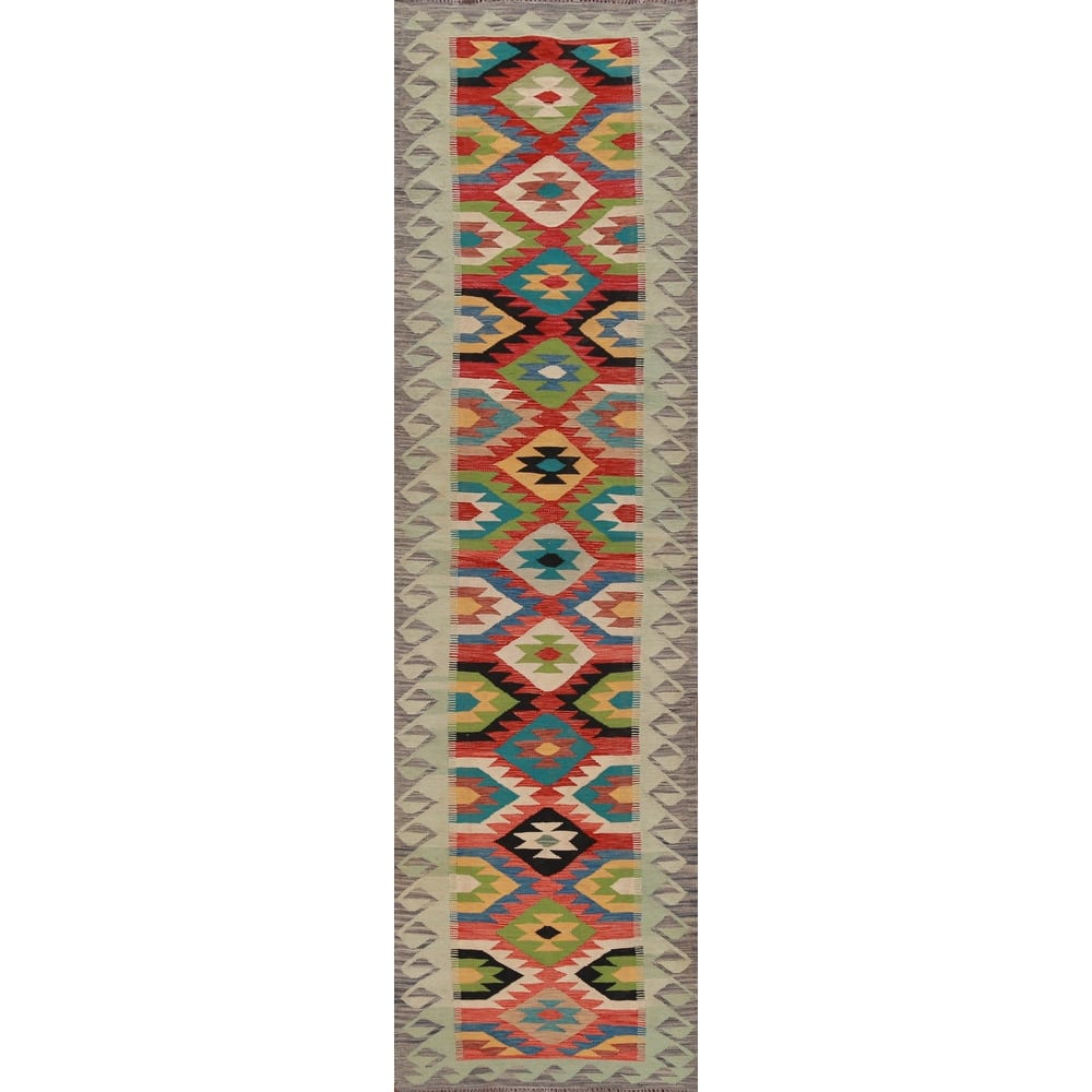 Hand Woven Oriental 100% Wool Carpet Southwestern All-Over Multi-Colored Kilim Runner Rug - 12' 10'' X 2' 7''