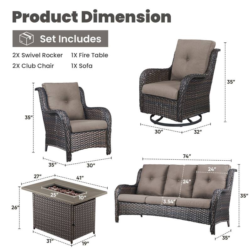 Gymojoy 6-Piece Outdoor Wicker Patio Furniture with Fire Pit, Rattan Coversation Set with Water Resistant Thick Cushions