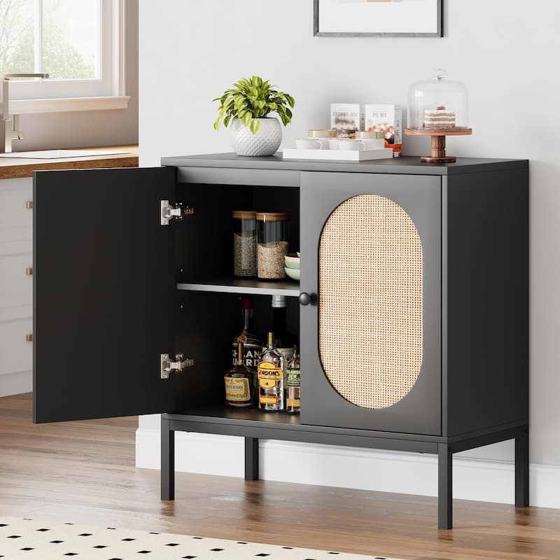 Rattan Buffet Cabinet with Natural Rattan Doors, Sideboard Storage Cabinet with Adjustable Shelf